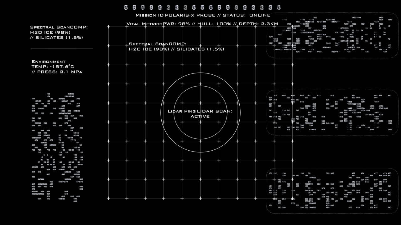 A futuristic mission control dashboard showing LiDAR scans, spectral analysis, and vital metrics. Ideal for science fiction films, space research documentaries, and gaming UI