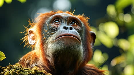 orangutan looking thoughtfully among lush greenery in the forest
