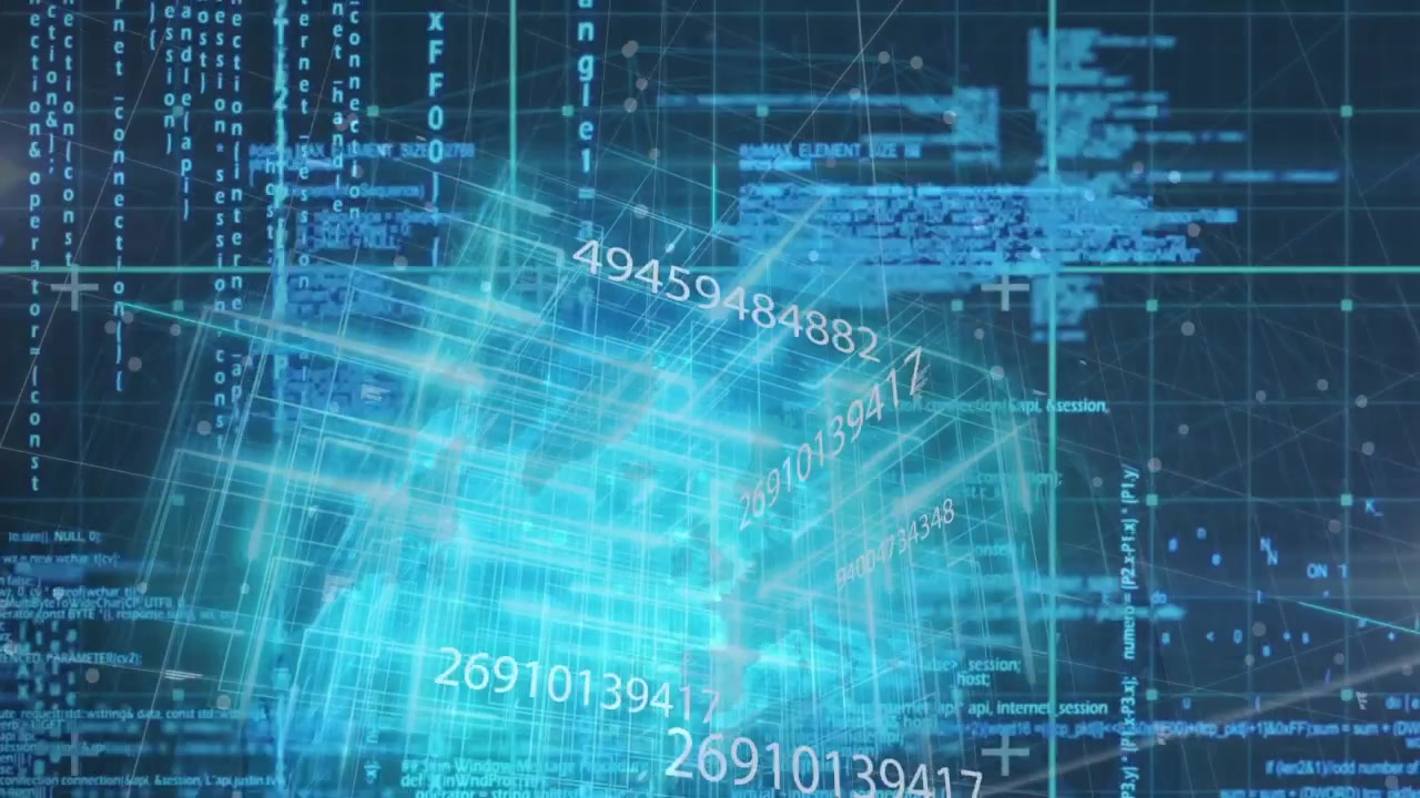 Turquoise cube emerging on grid with code scrolling rotating numbers spiraling for visualizing data