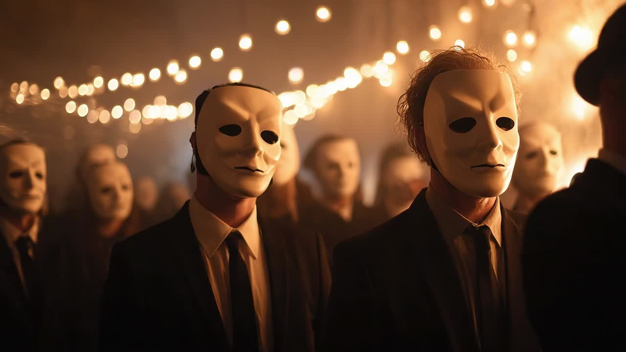 Reunión de figuras enmascaradas con atuendo formal en un evento nocturno.