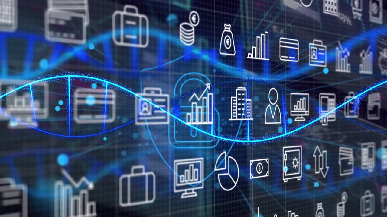 animación del procesamiento de datos sobre iconos comerciales y candado