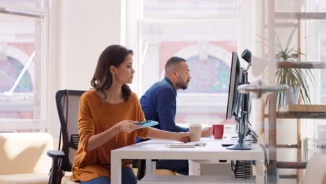 Equipo-De-Raza-Mixta-De-Jóvenes-Empresarios-Que-Trabajan-En-Escritorios-De-Oficina-De-Planta-Abierta,-Filas-De-Computadoras-En-Un-Espacio-De-Trabajo-Compartido-Con-Luz-Natural-Brillante