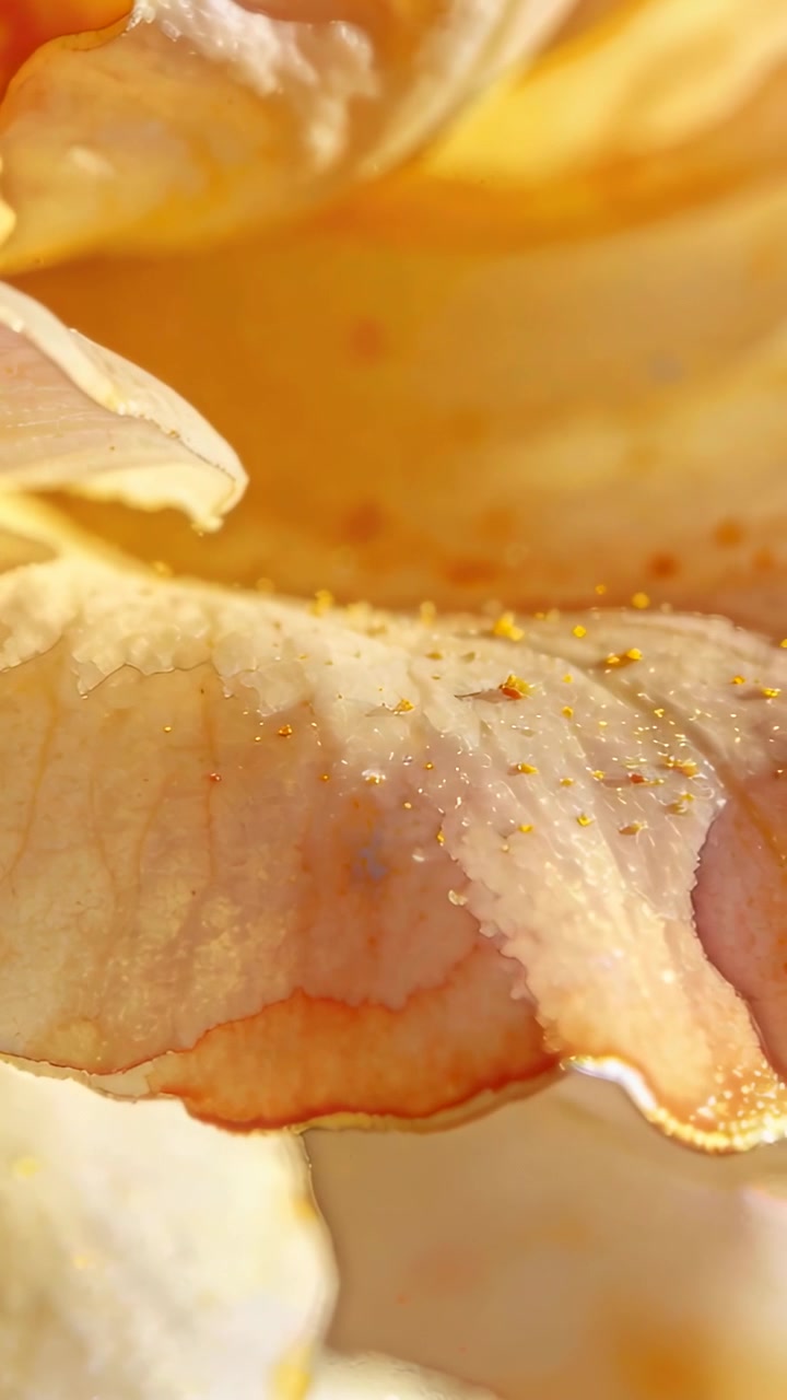 Video verticale: Telecamera che si avvicina in un primo piano macro di un petalo arancione arricciato, rivelando il polline.
