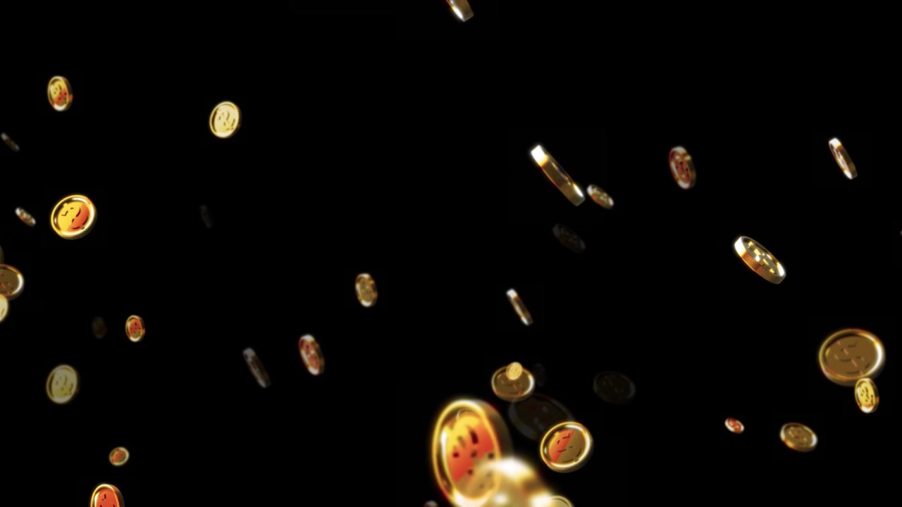 浮かぶ光沢のあるトークン、暗い背景、豊かな投資を伴う金貨の動きを表現した金融ビジュアル