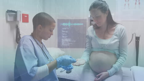 animation of data processing over african american female doctor with pregnant woman patient