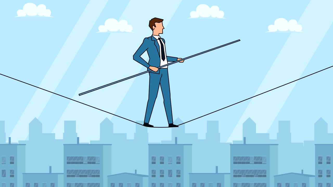평평한 만화 사업가 캐릭터 도시 풍경 서커스 스턴트 개념 애니메이션을 통해 긴 로프를 걸어