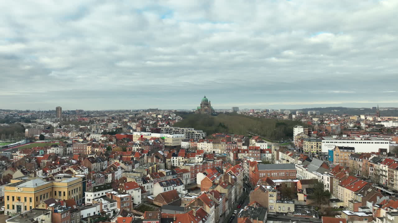 National Basilica of the Sacred Heart in Koekelberg. Aerial dolly out