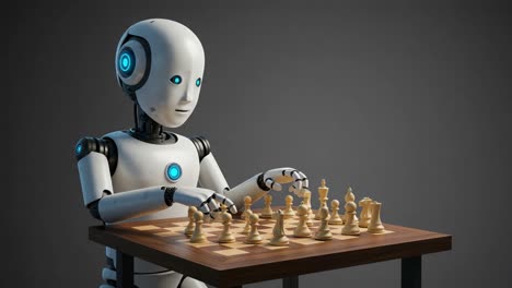 a robotic chess player strategically contemplates moves on a wooden board, showcasing the intersection of artificial intelligence and classic strategy games