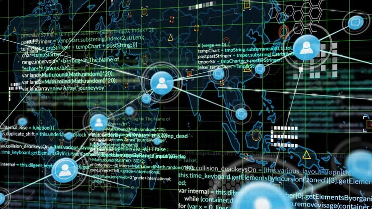 Animation of network of digital icons and data processing over world map against black background