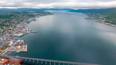 View-of-a-marina-in-Tromso,-North-Norway