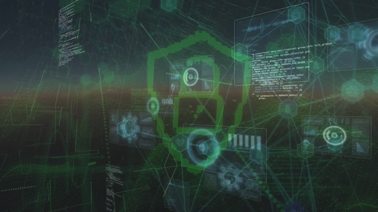 Animation of data processing and security padlock over dark background