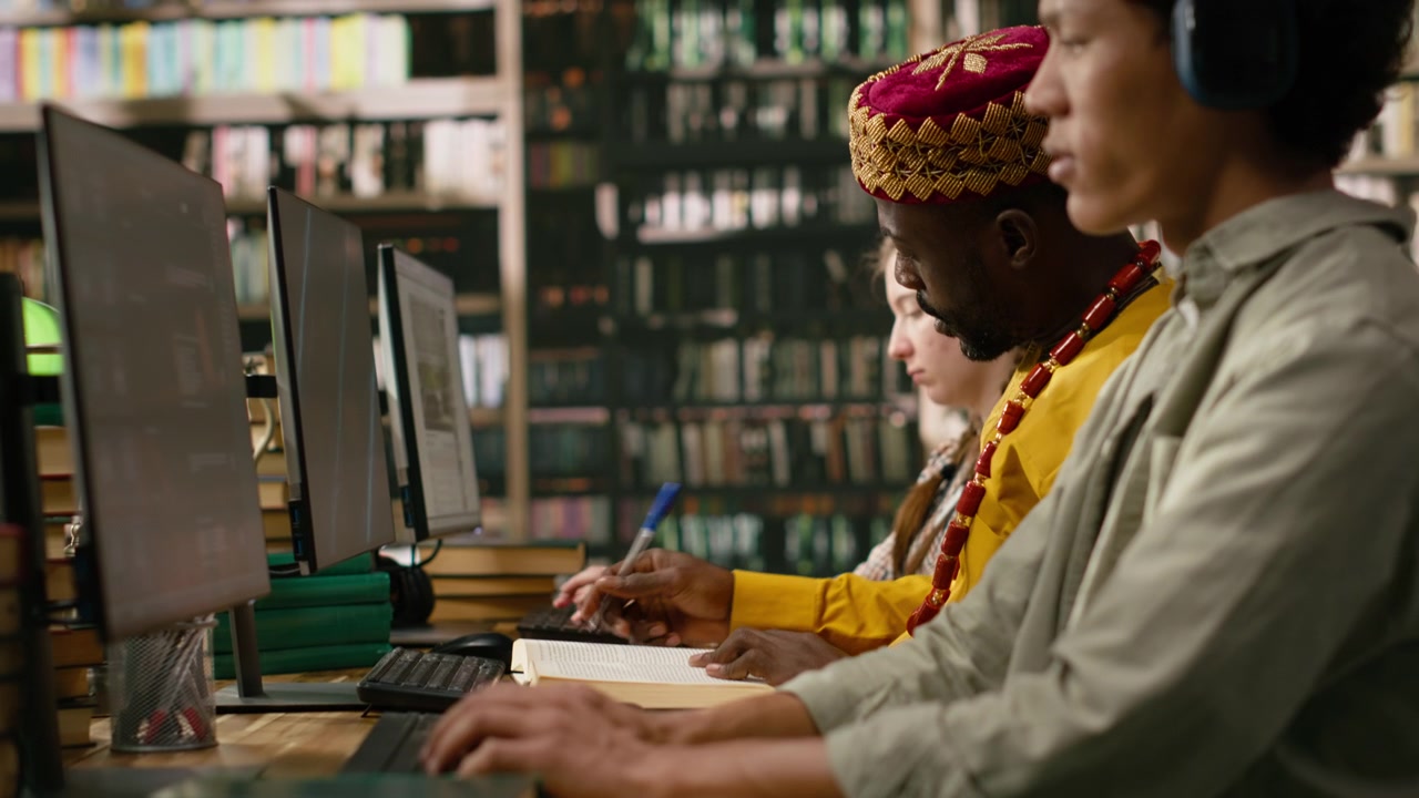 African mature student in yellow traditional clothing smiles while working