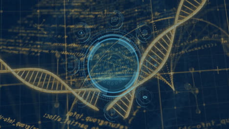 Animation of DNA strands with digital interface icons on blueprint-style background