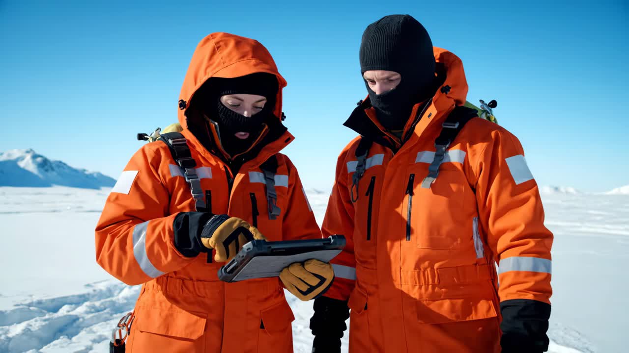 Researchers in Antarctica studying data on a tablet
