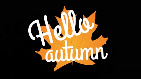 animation of hello autumn text over leaf on black background