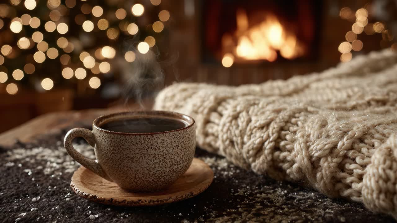 A Cozy Winter Scene Featuring a Steaming Cup of Coffee, Soft Knit Blanket, and a Warm Fireplace, Perfect for Relaxing on a Chilly Evening
