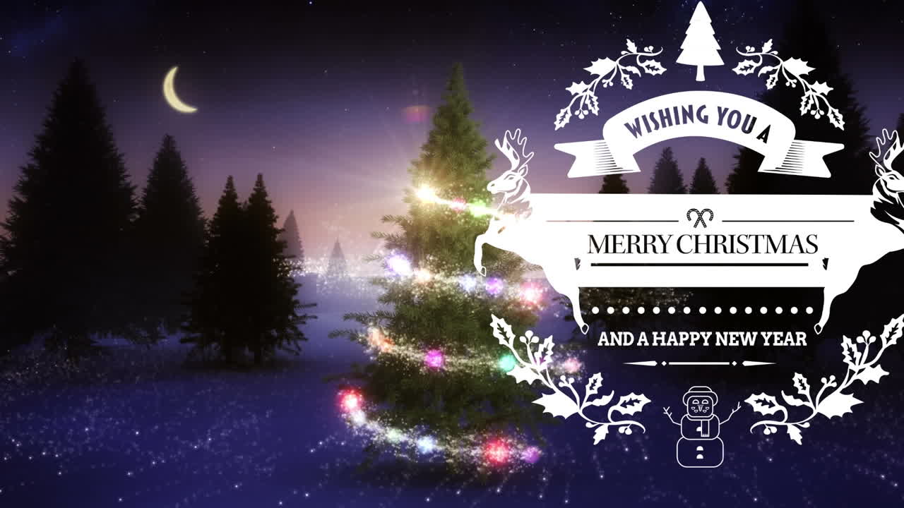 크리스마스 나무와 함께 겨울 풍경 배경에 크리스마스 인사를 애니메이션