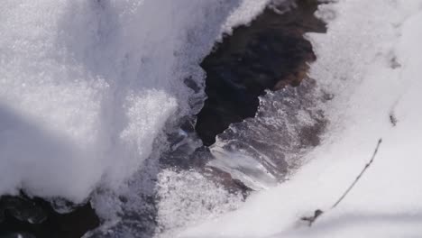 Nahaufnahme-Von-Wasser,-Das-Unter-Eis-Läuft,-Mit-Schnee,-Der-Die-Sonne-Reflektiert