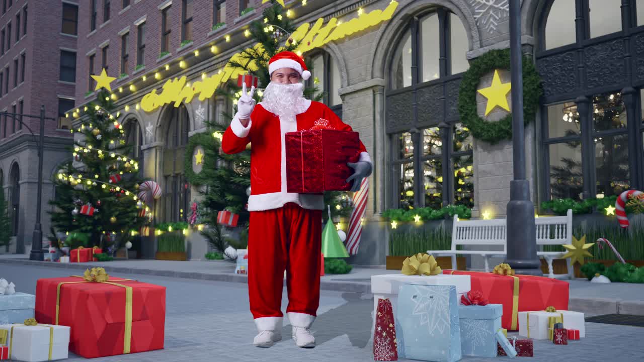 cuerpo lleno de papá noel asiático mostrando el gesto de paz mientras sostiene la caja de regalos en la noche de navidad