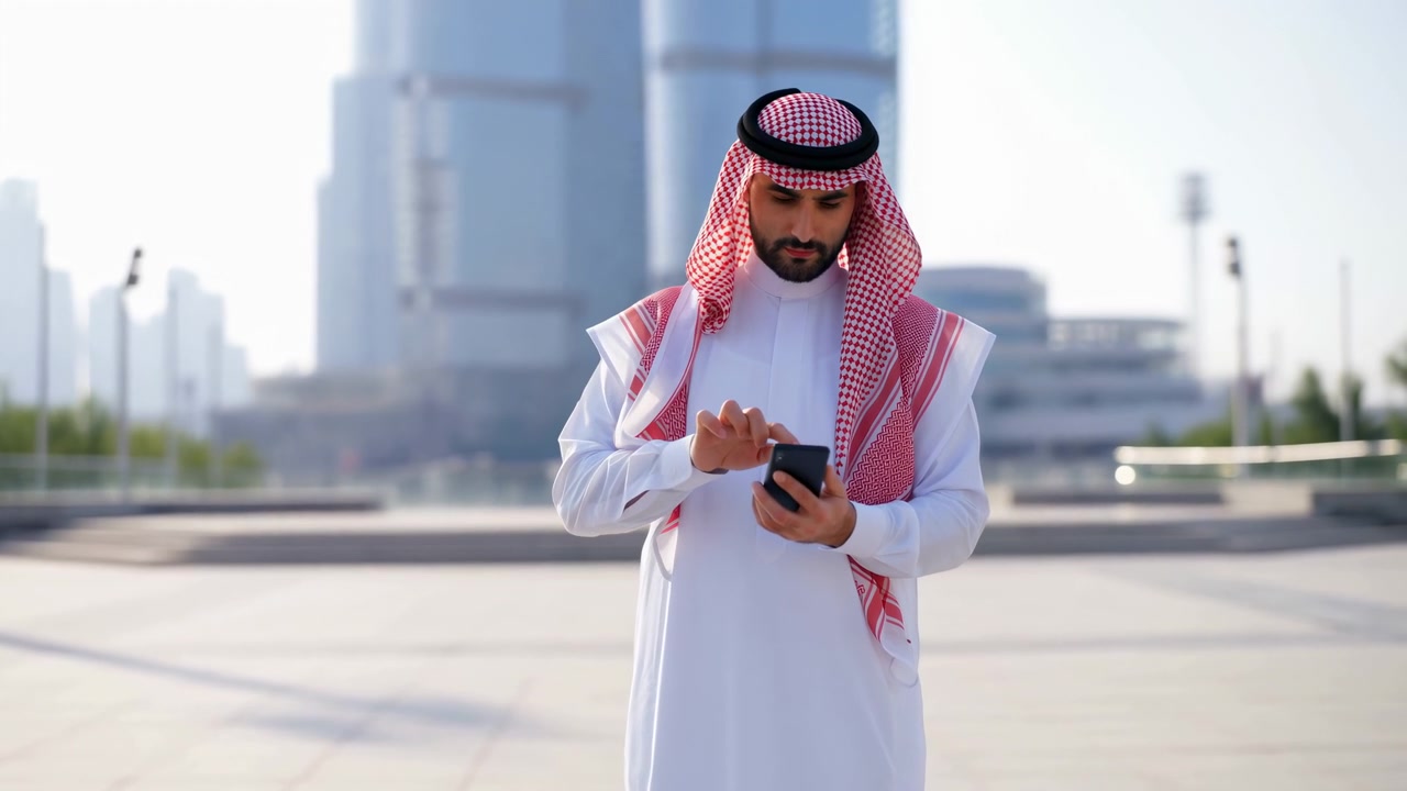 Soggetto visibile interagisce con dispositivo mobile in piazza illuminata dal sole, sfondo di architettura moderna, espressione calma e concentrata, attenzione sullo schermo, vivace tunica bianca e sciarpa rossa contrastano con la città fredda blu-grigia