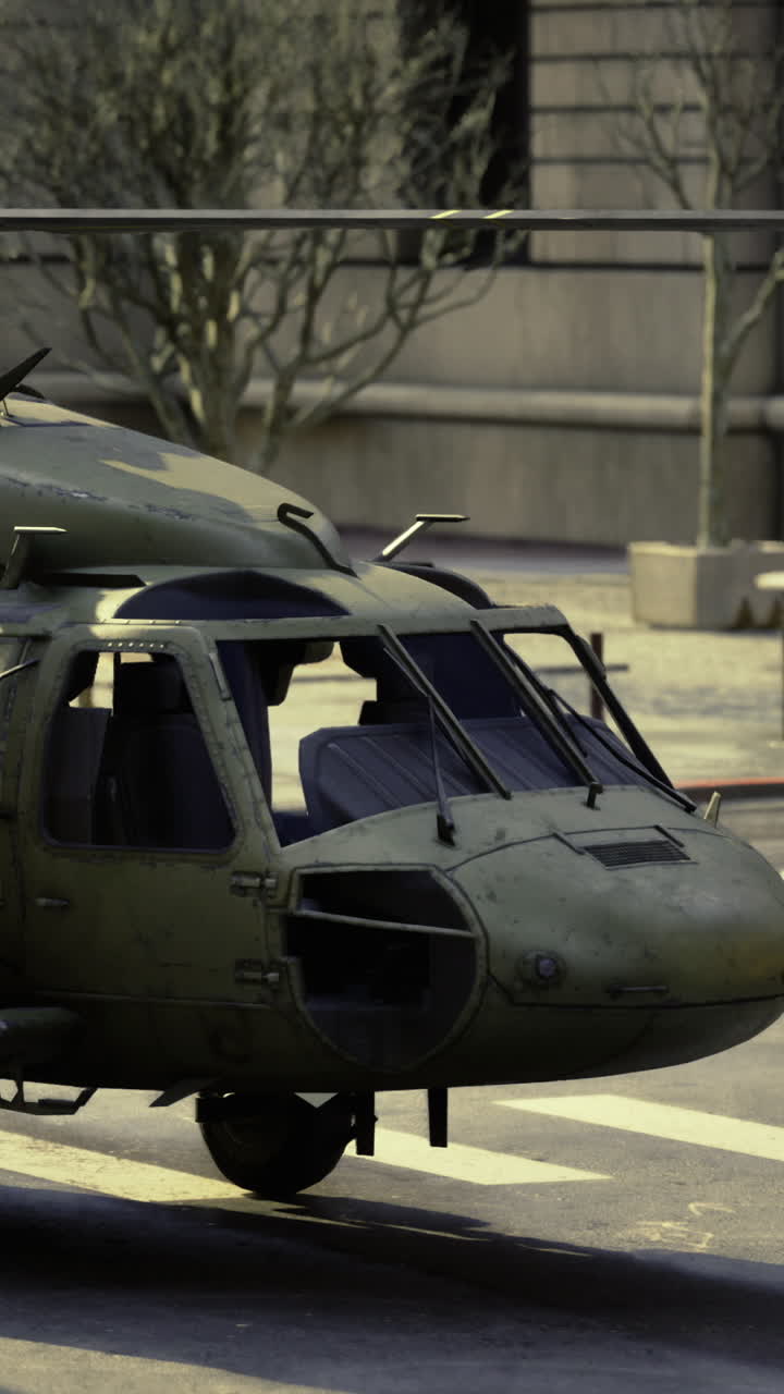 Military helicopter hovering in an urban landscape on a sunny afternoon