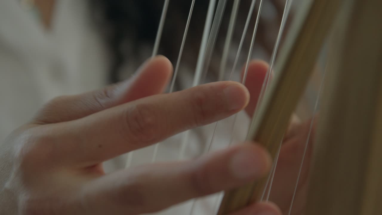girl playing Kora strings percussion African harp in a warm daylight ambient, close-ups shot