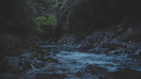 mountain river flowing over rocks in the evening - static shot