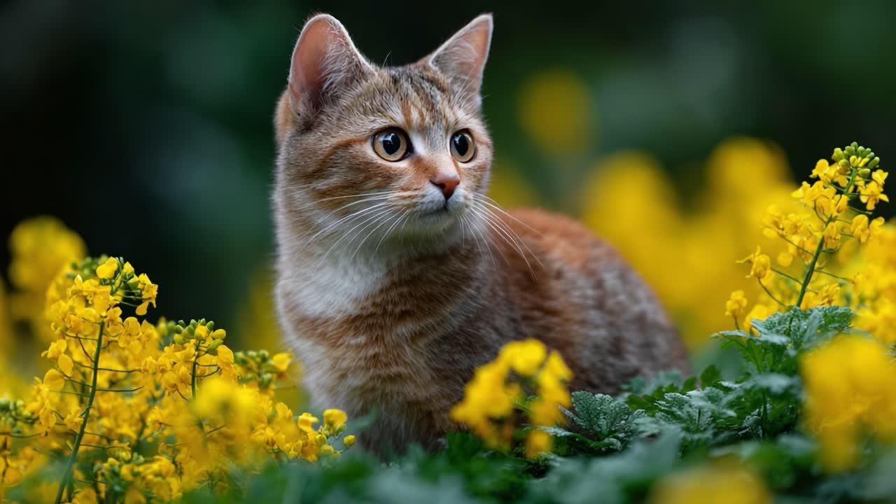 A Beautiful Cat Pausing Gracefully Amid Vibrant Yellow Flowers, Showcasing Its Playful Nature and Curious Expression in a Lush Outdoor Setting