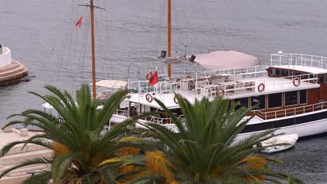 Albanische-Flagge-Weht-Auf-Der-Yacht-Zwischen-Palmen