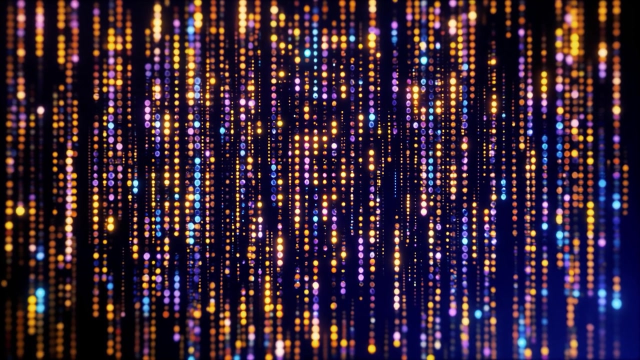 Abstract Digital Rain of Glowing Particles and Light Streaks
