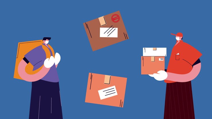 delivery service workers with boxes animation