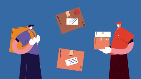 delivery service workers with boxes animation