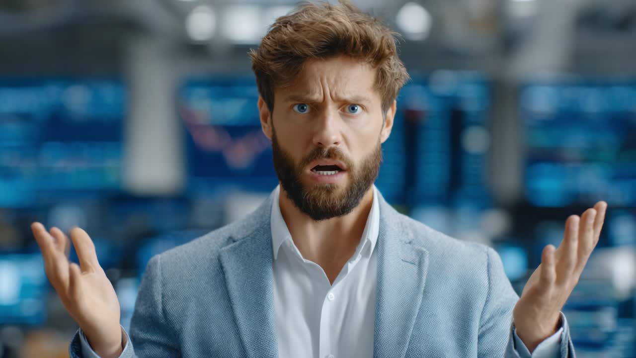 A man expressing disbelief and confusion in a high-tech financial environment, showcasing emotional turmoil amid data analytics and market trends