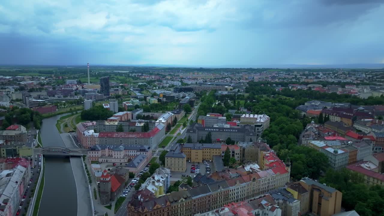 Olomouc, Czech Republic. Panoramic view of the historic city at sunset with a church captured from a drone.