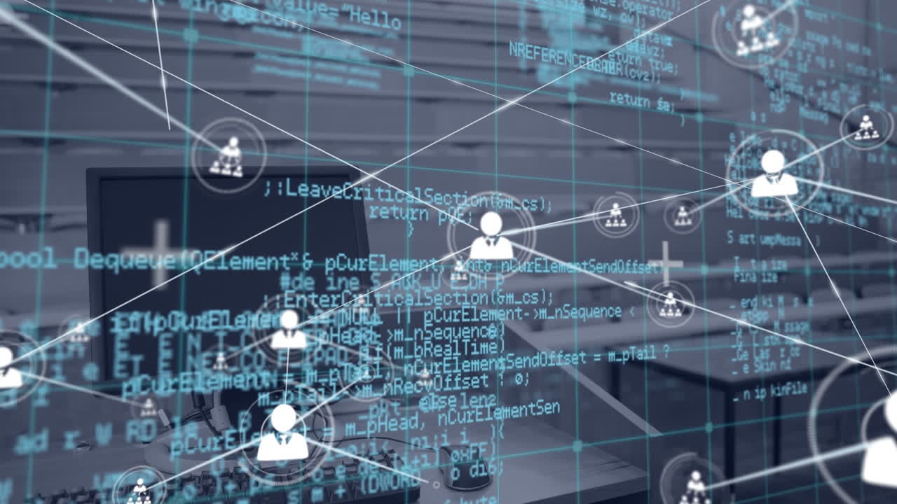 animación de la red de conexiones a través de la oficina y el procesamiento de datos.
