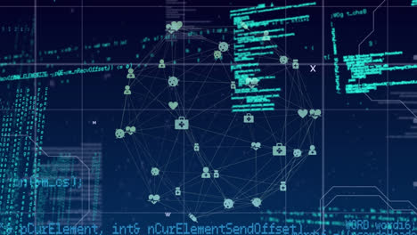animation of spinning globe of medical icons and data processing against blue background