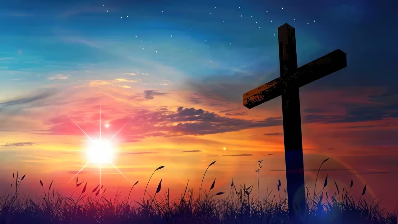 Silhouette of a cross against a vibrant sunset sky, captured from a low angle