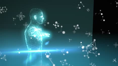 Animation-of-molecules-and-chemical-elements-floating-and-3D-human-body-model-spinning-on-blue-backg