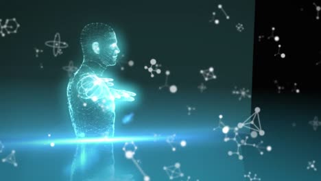 animation of molecules and chemical elements floating and 3d human body model spinning on blue backg