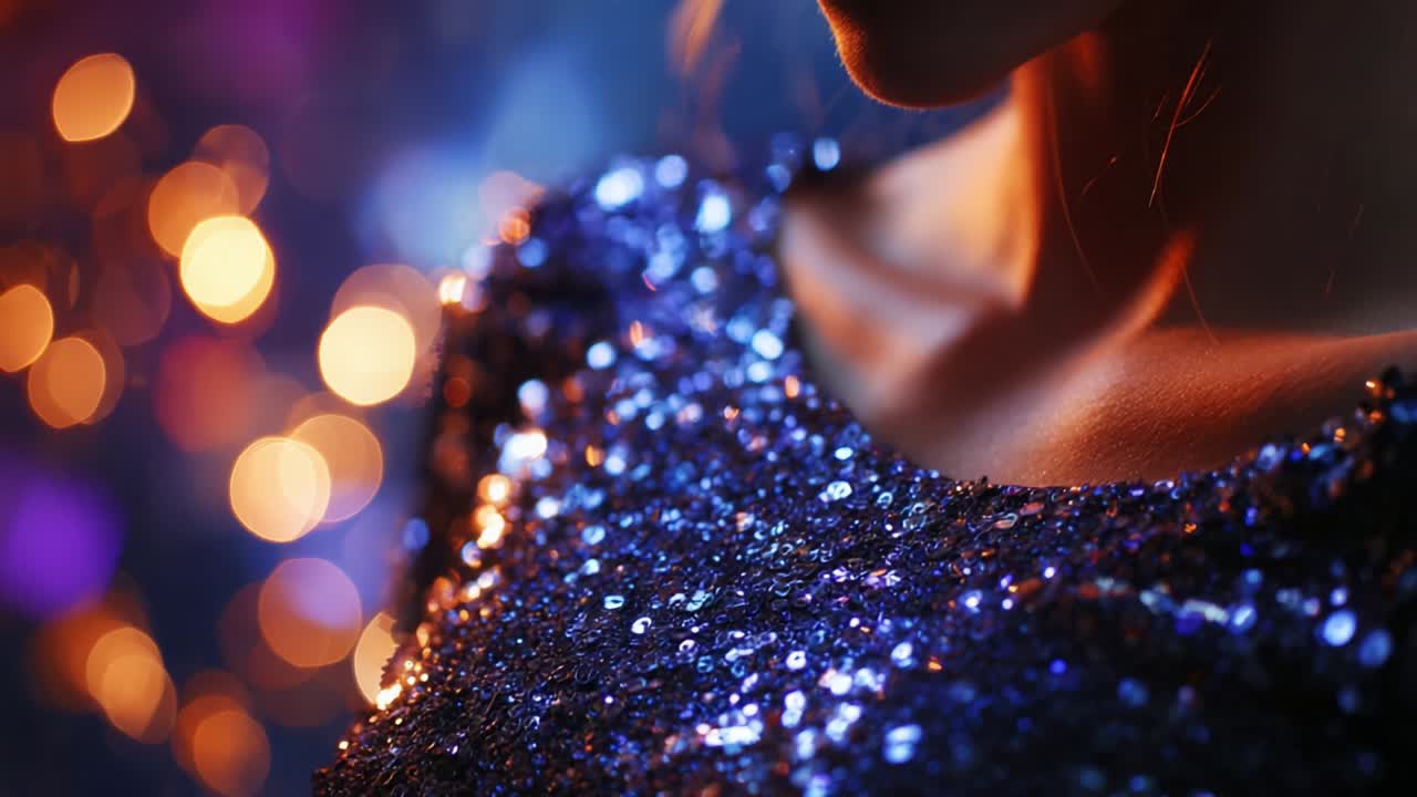Glistening Sparkle: A Captivating Close-Up of a Woman's Neckline Adorned with Shimmering Sequins in a Vivid, Dreamlike Background of Bokeh Lights Reflecting a Festive Atmosphere