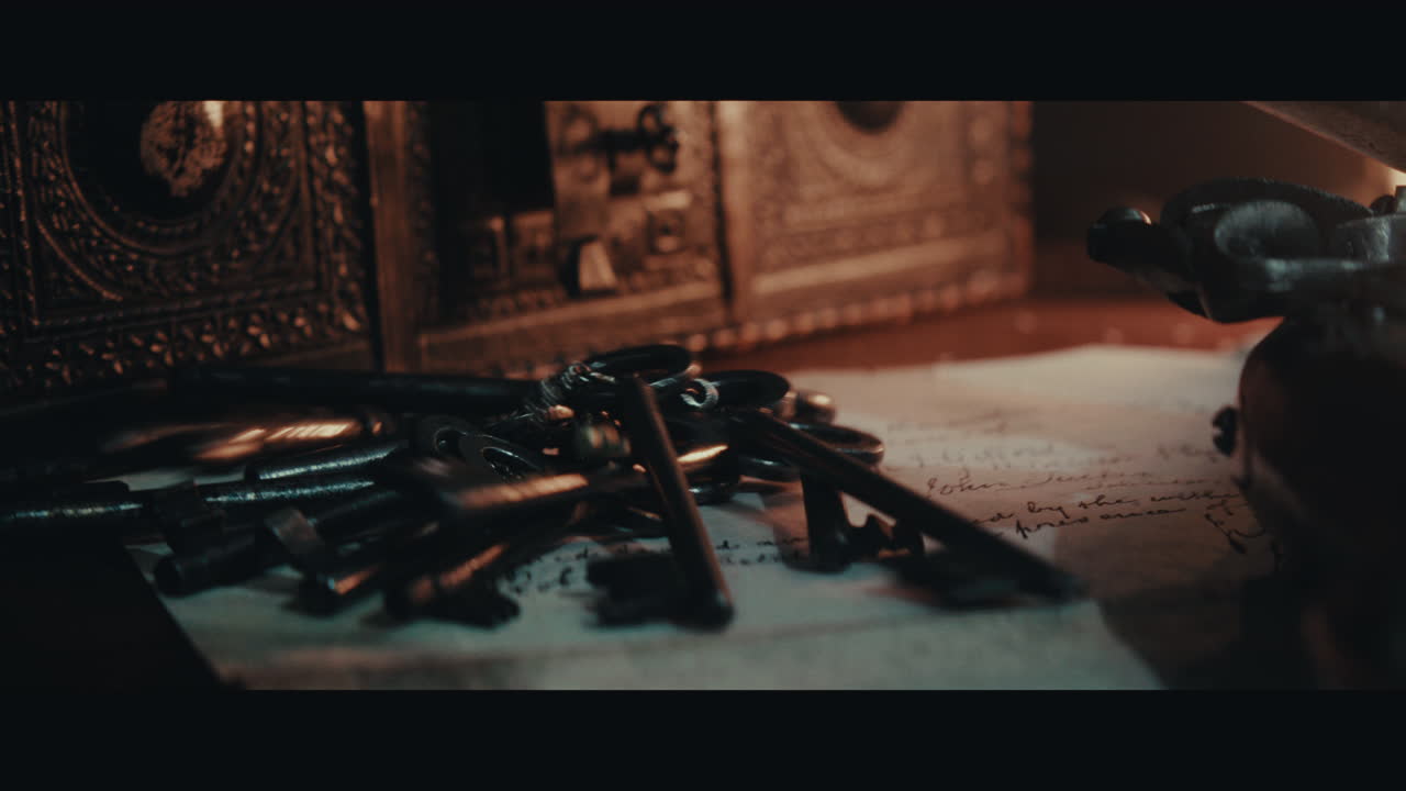 An someone puts old keys on the table filled with documents and maps inside the sailing ship cabin