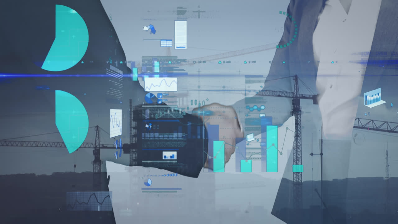 animación del procesamiento de datos financieros sobre hombres de negocios caucásicos que se dan la mano