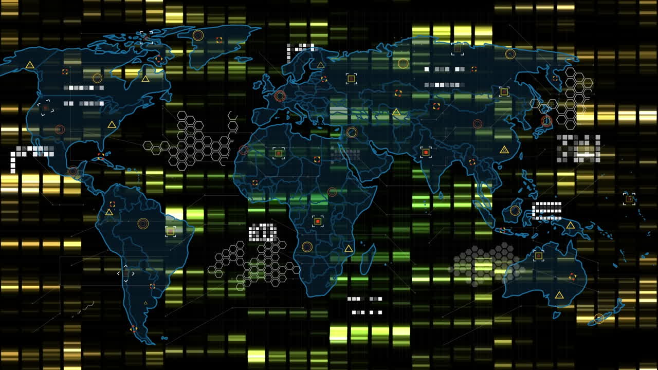 animación de mapas del mundo, gráficos financieros y datos en fondo negro