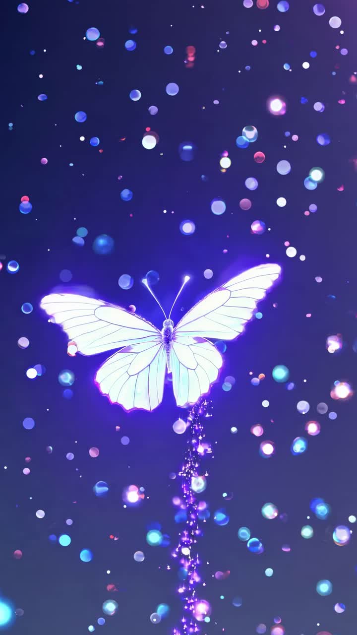Una scena video magica con una farfalla blu brillante che si libra in mezzo a luci bokeh colorate