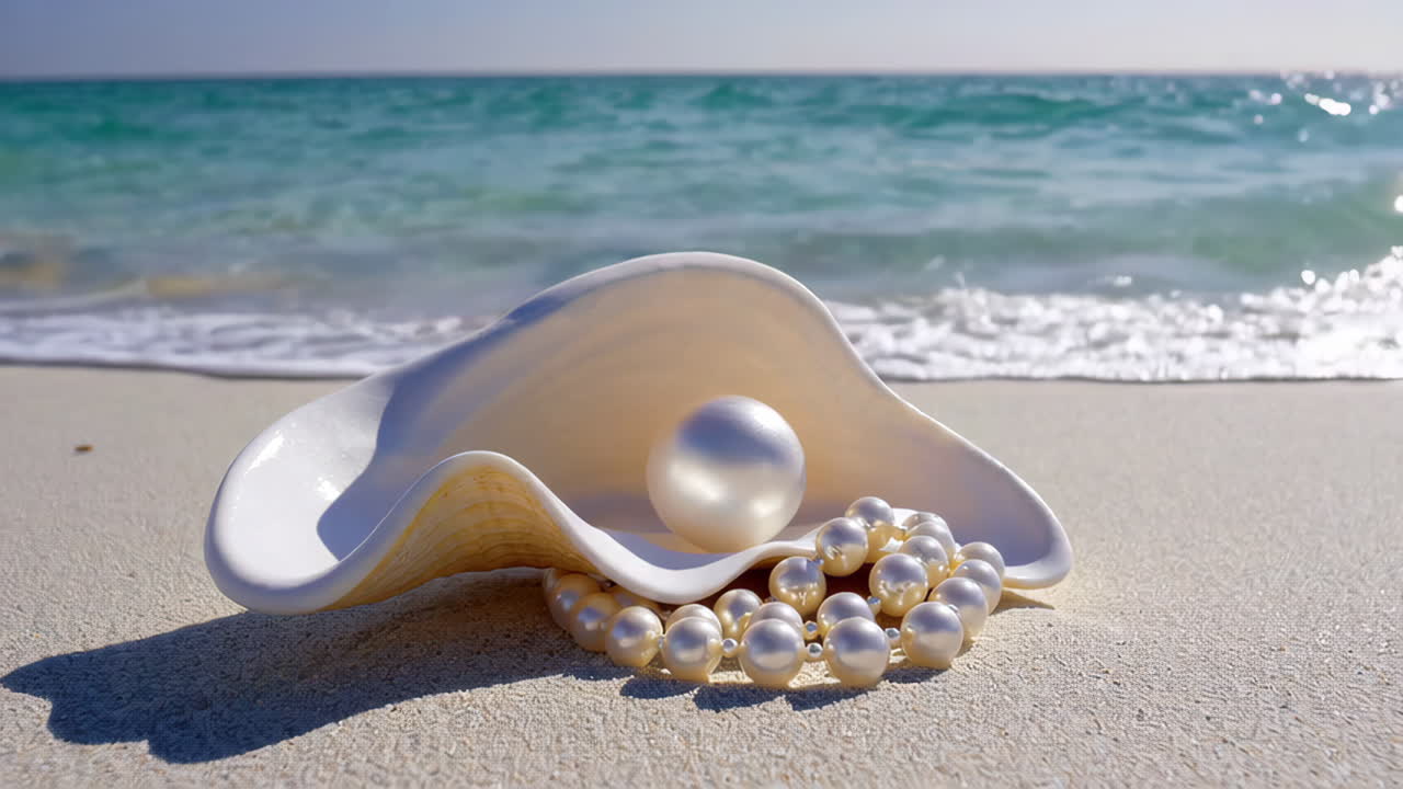 Pearl necklace on a seashell on a beach