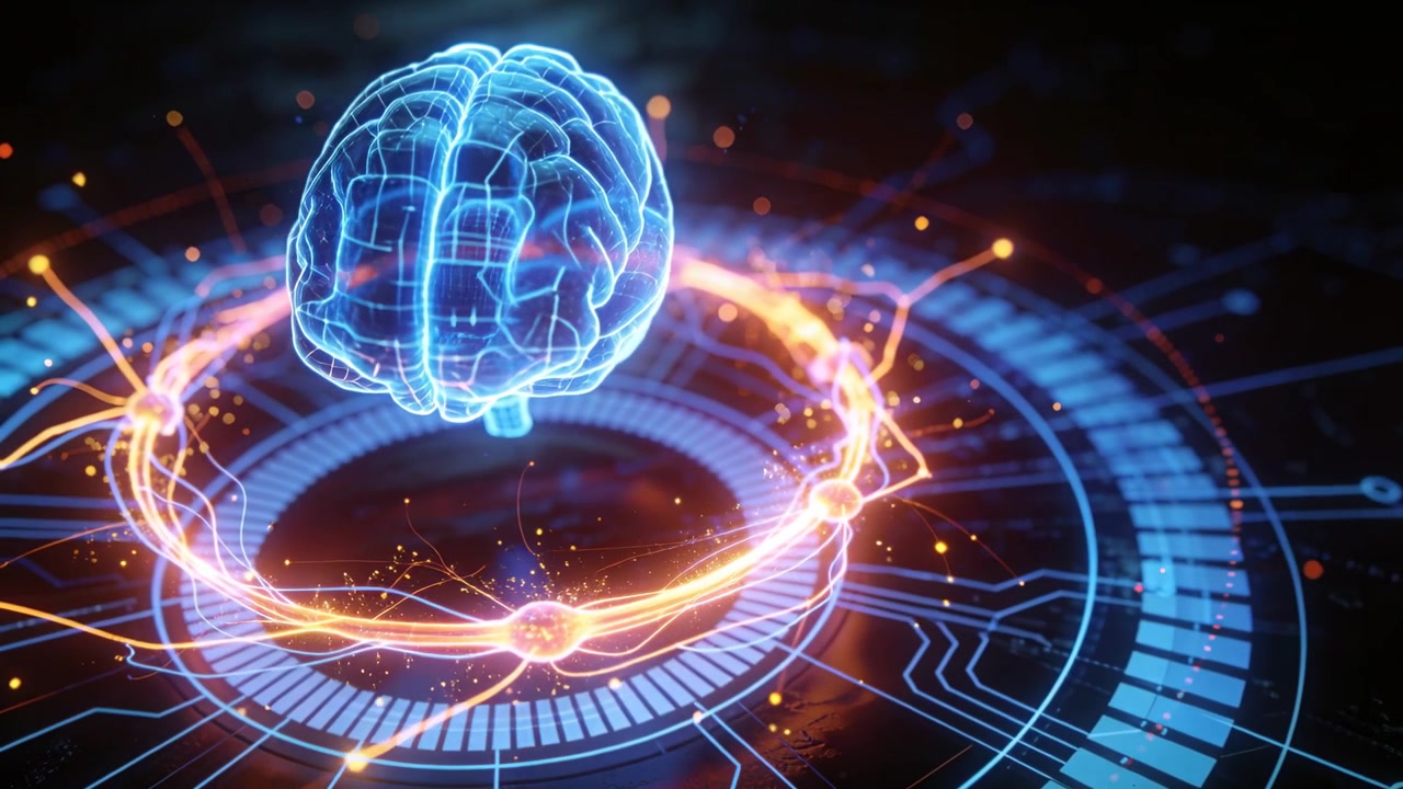 Pulsing orange ring activating hologram blue brain turning above platform powering nodes and arcing