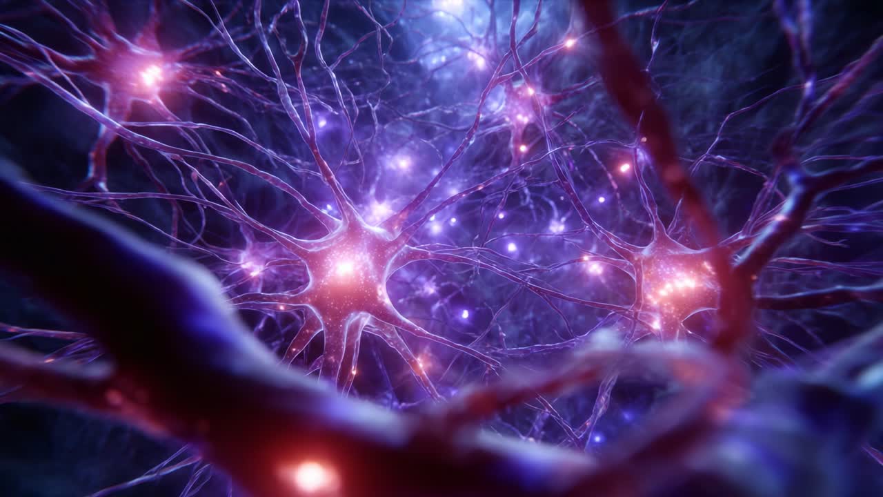 Breathtaking Close-up Visualization of Neurons with Glowing Synapses and Intricate Connections in a Stunningly Colorful Abstract Background