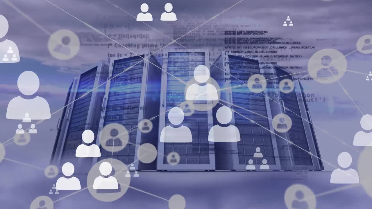 animación de la red de iconos de perfil y procesamiento de datos a través de un servidor informático contra nubes en el cielo