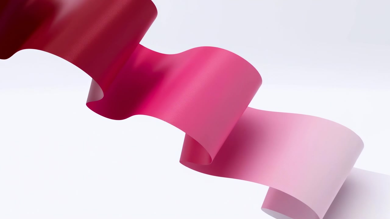 A smooth pink ribbon curves diagonally across a clean white background, creating an elegant abstract composition with soft highlights, gentle shadows, and a