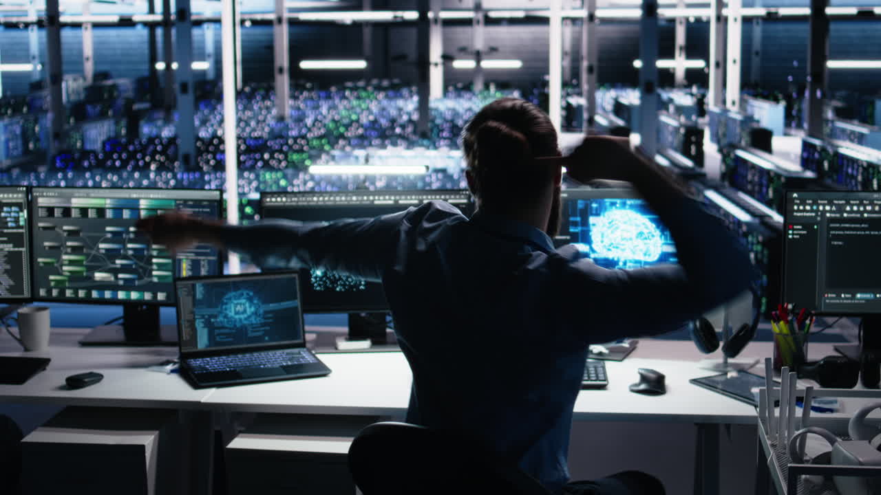 Overjoyed Data Center Engineer Dancing On Chair After Implementing Ai
